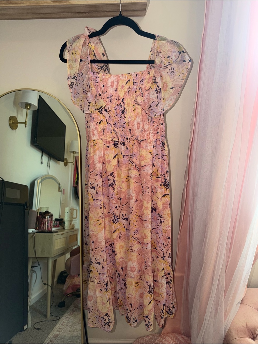 miami Pink Floral Midi Dress with Puff Straps